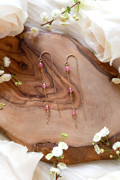 Pink Tourmaline Cascade Gold Ear Threaders